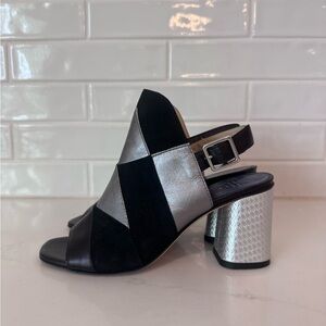 Valentina Rangoni Ciro leather sandal in black and white/silver block heel 6M